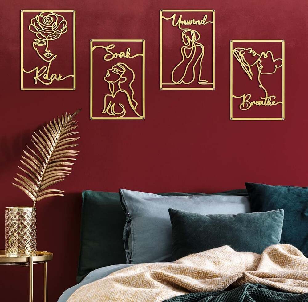 Metal Wall Art Abstract Female Single Line Wall Sculptures Gold 4 PCS